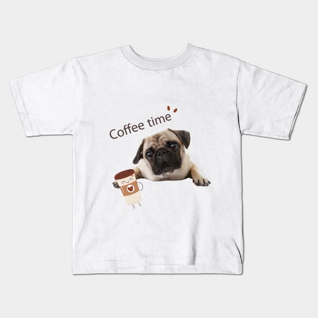 Pug loves his coffee Kids T-Shirt by SeriousMustache